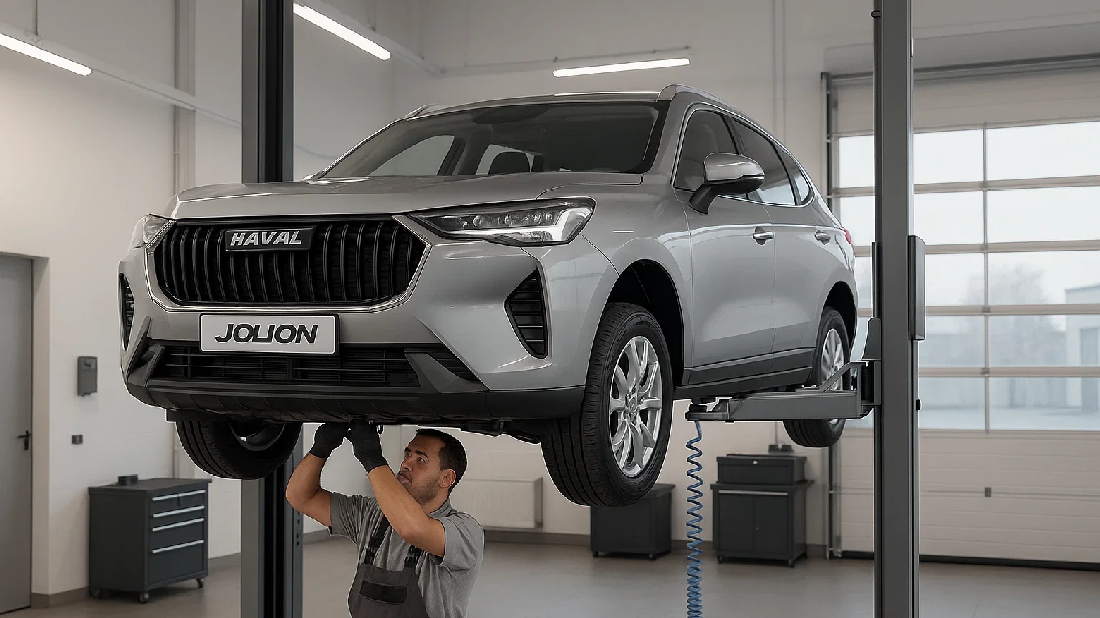 SUV New Haval Jolion color gris teniendo un mantenimiento preventivo en un taller autorizado.